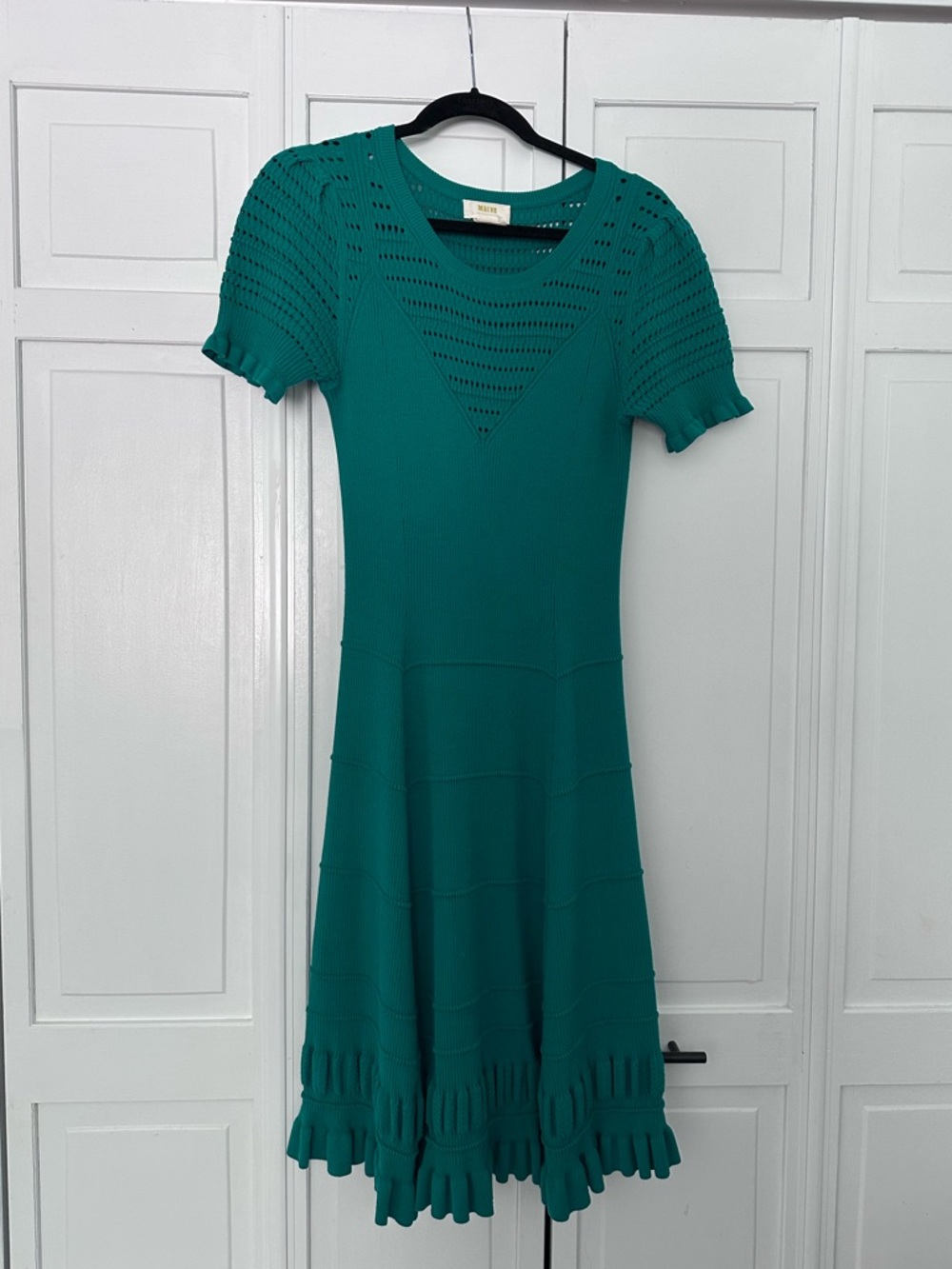 Emerald green Knit A-Line Dress with Textured Hem.